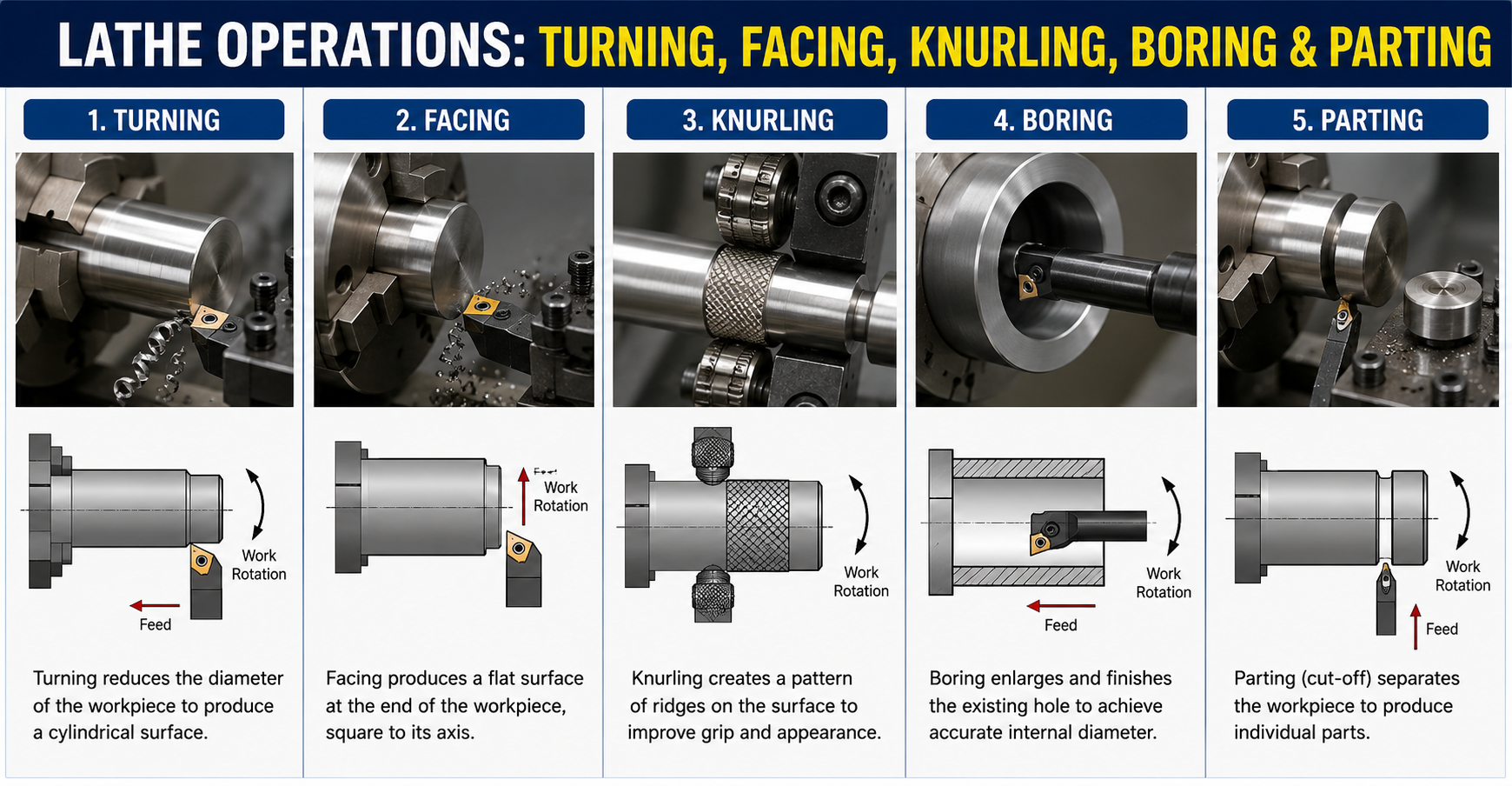 Lathe Operations: Turning, Facing, Knurling, Boring & Parting